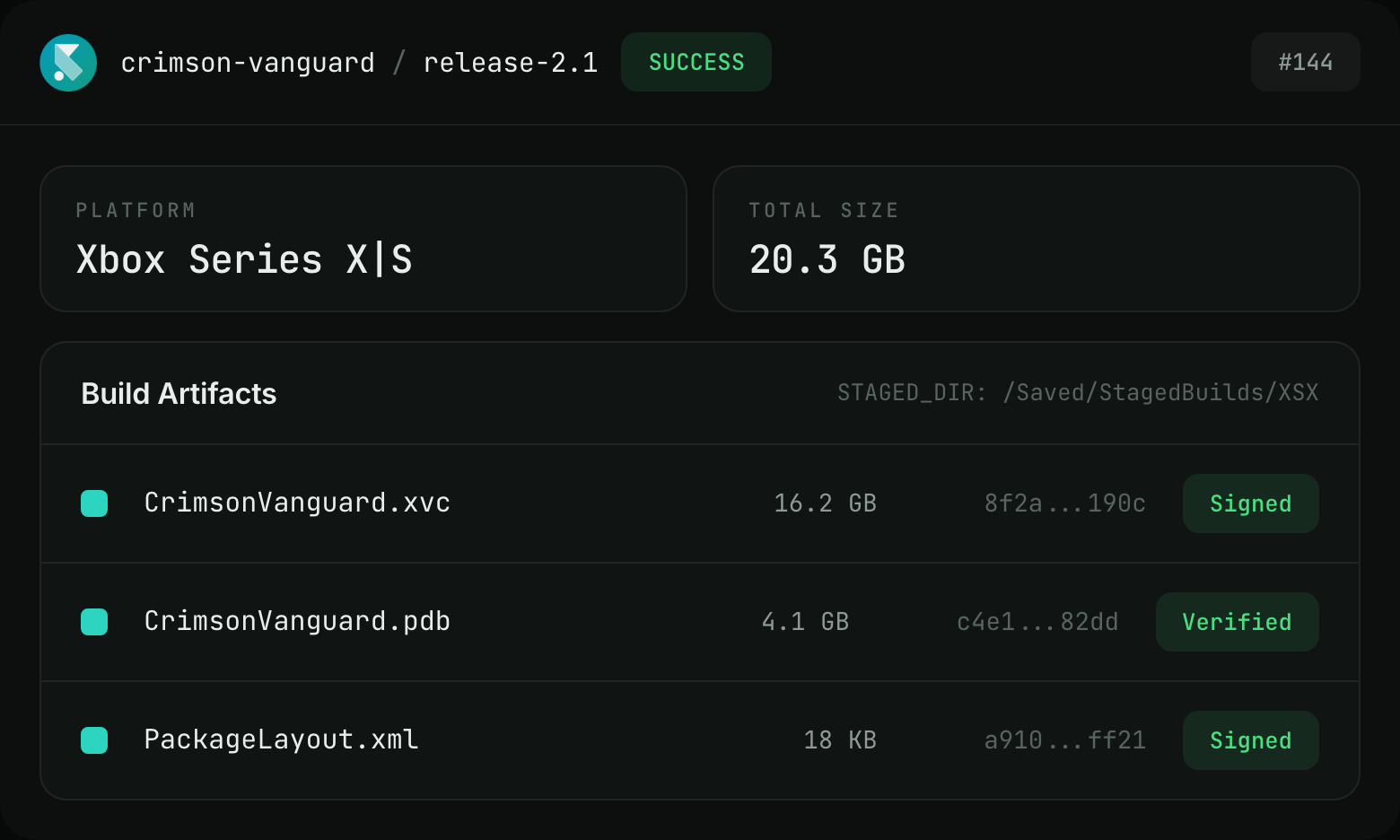 Artifacts for an Xbox Series build showing a signed .xvc package and debug symbols