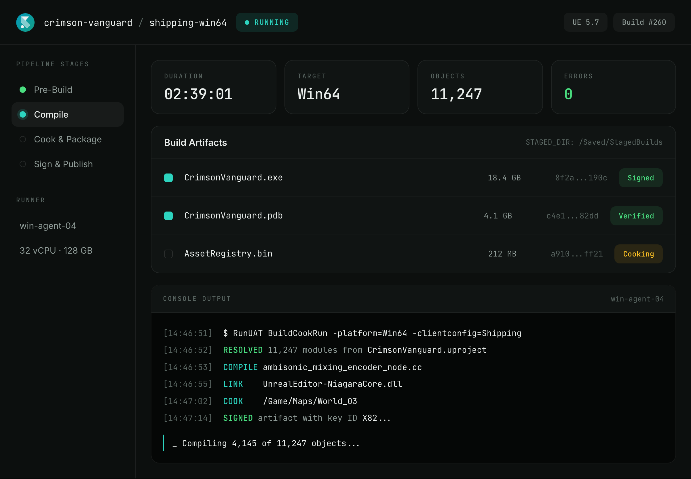 A SpeedrunCI build in progress: stage timeline with Pre-Build complete and Build running, and a live log stream