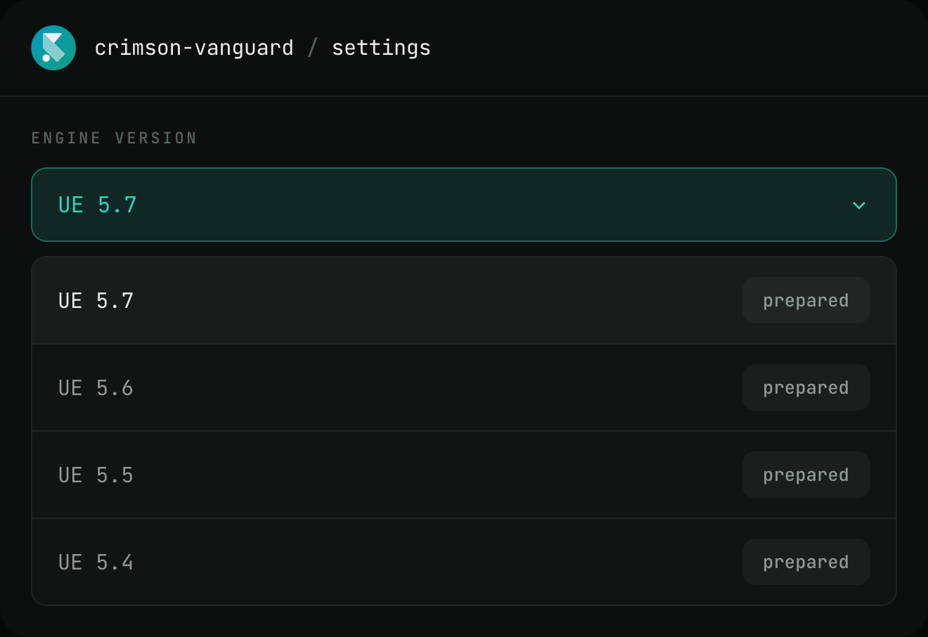 Project settings with the Unreal Engine version dropdown open, showing the selected version applies as the project default