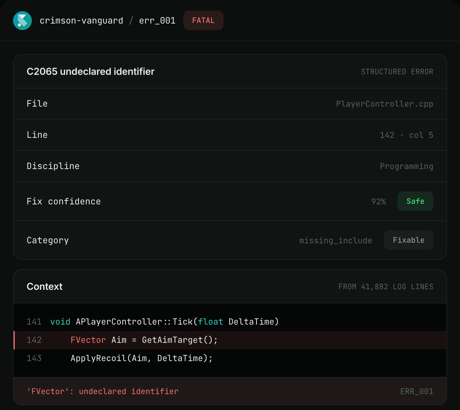 A structured build error with its file, line, discipline and fix confidence, and the three lines of source around the failure