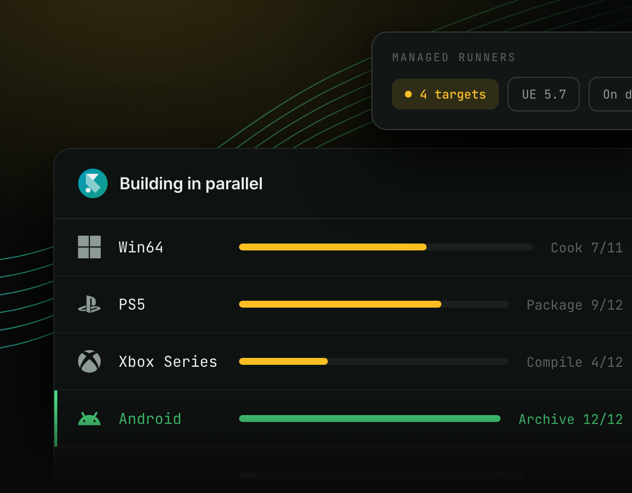 Win64, PS5, Xbox Series and Android building at the same time on managed runners