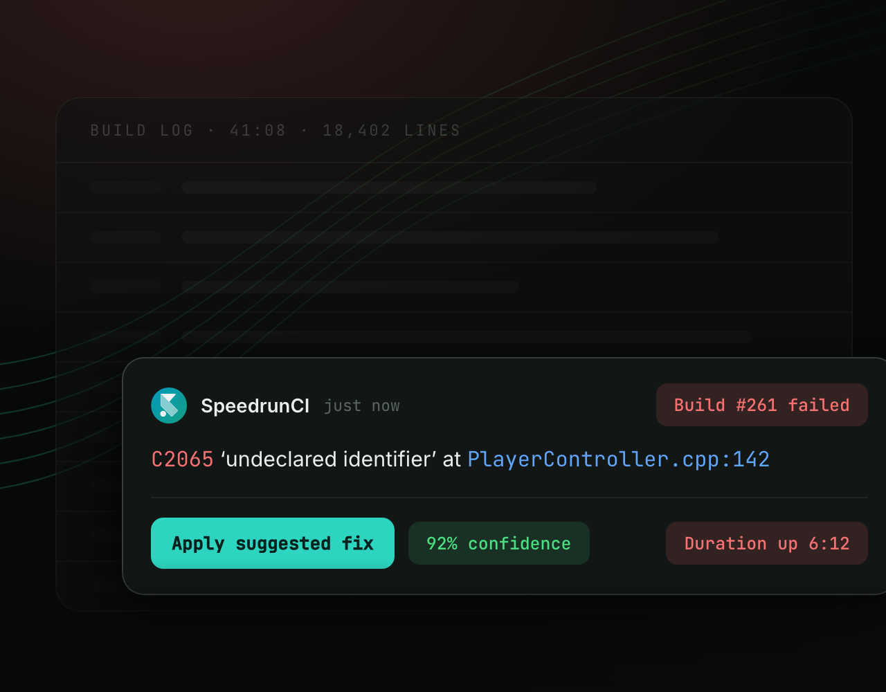 A failed build explained: the stage it failed at, the error with its file and line, the duration change, and a suggested fix