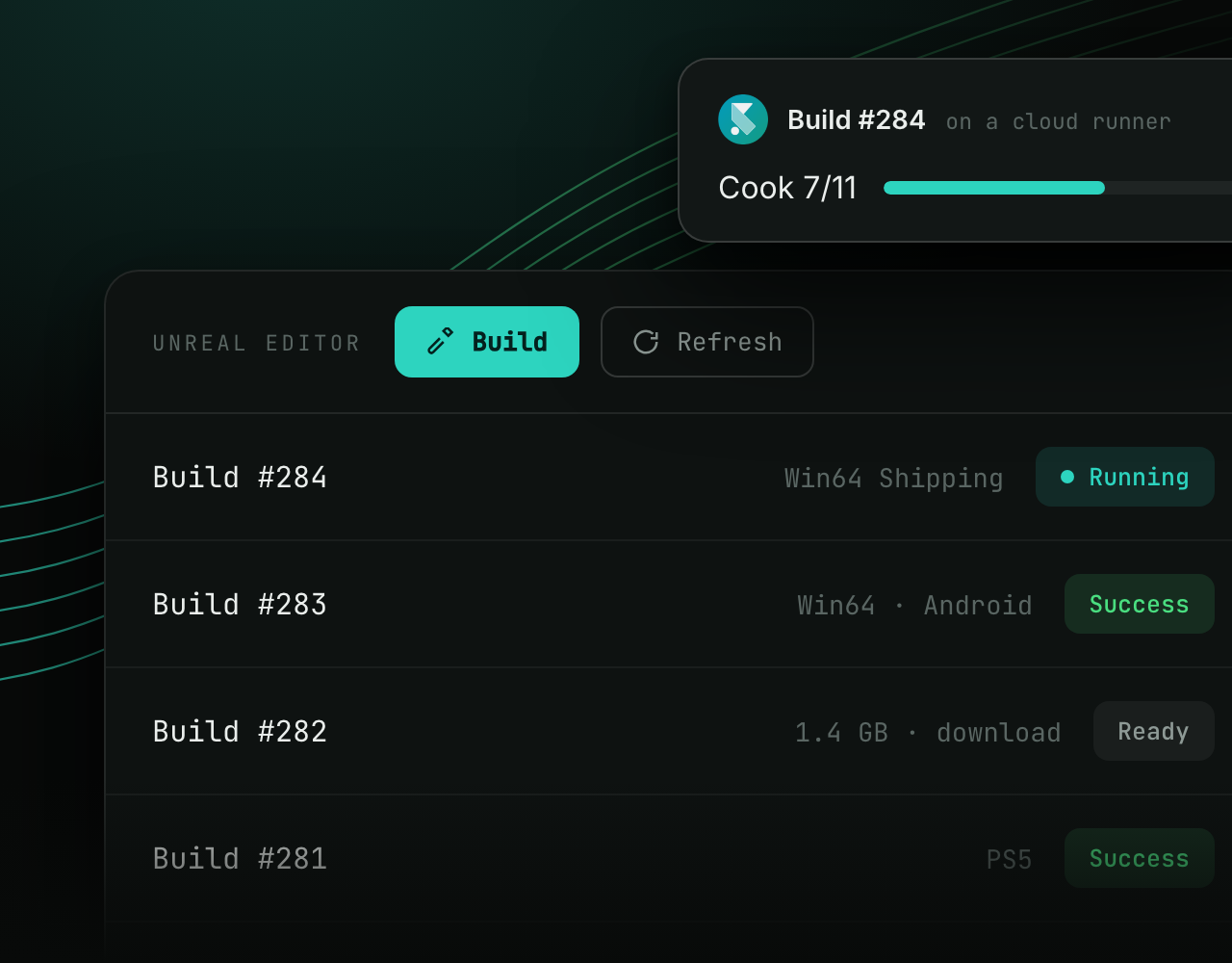 The SpeedrunCI panel inside the Unreal editor: Build and Refresh in the toolbar, the team’s recent builds with their status, and a finished artifact ready to download