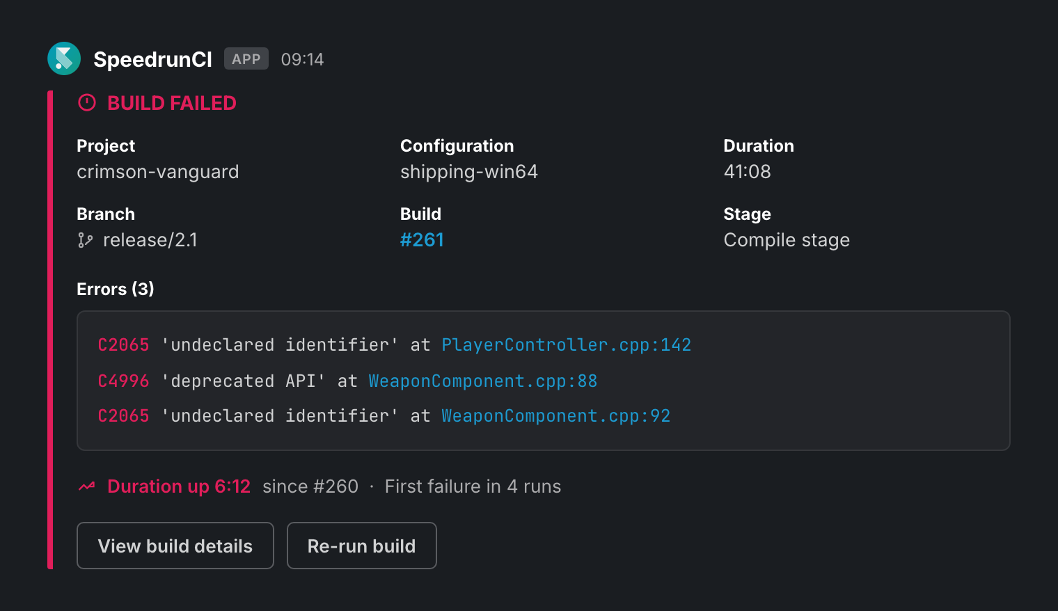 A SpeedrunCI build-failed notification posted into a chat channel, with the stage, the errors and their files, the build pattern, and a link back to the build