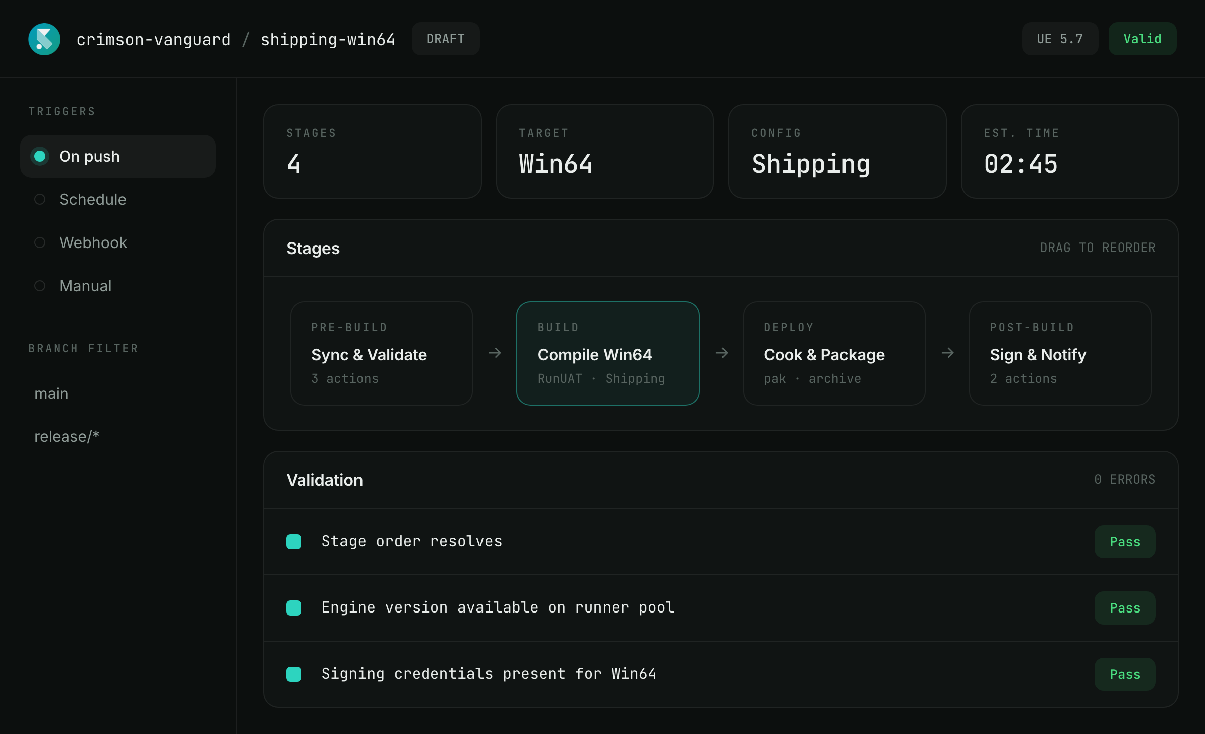 SpeedrunCI pipeline builder showing pipeline stages in sequence and the trigger conditions for the pipeline