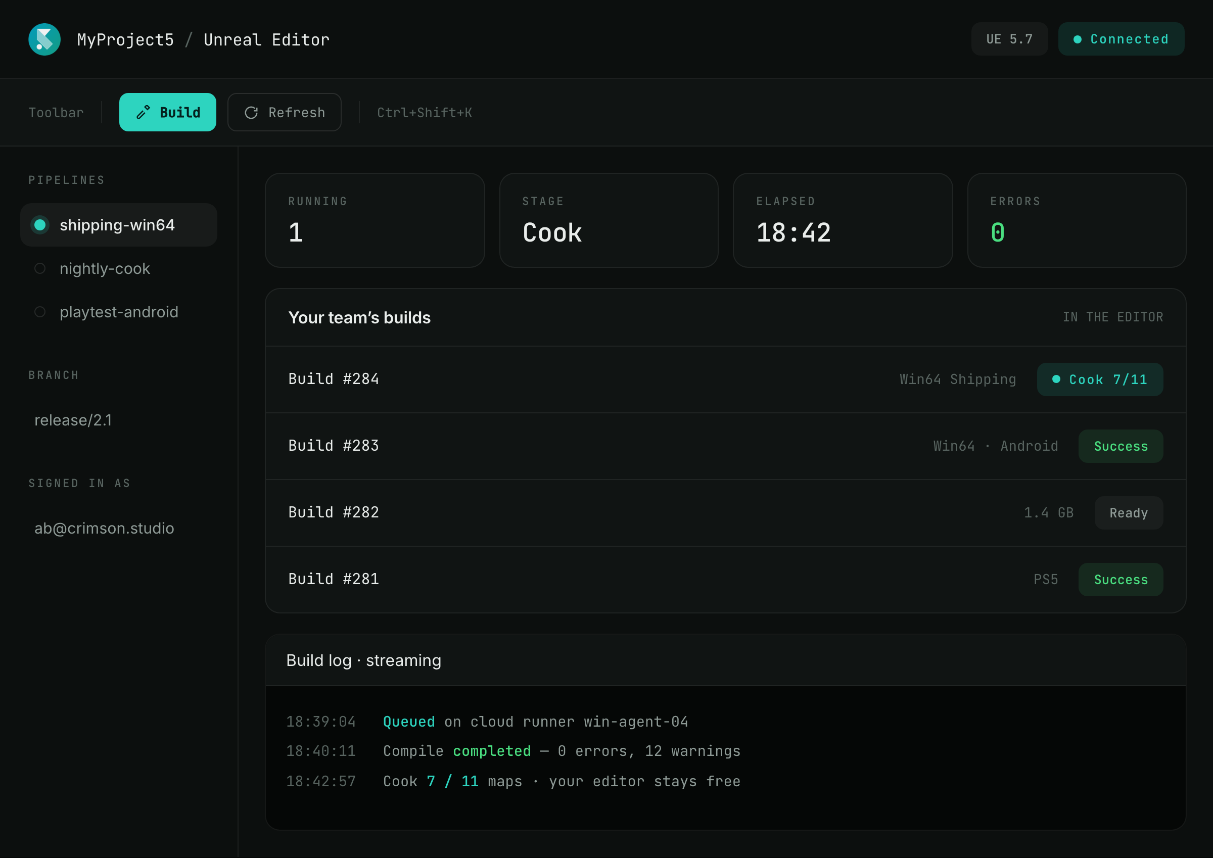 The SpeedrunCI panel docked in the Unreal editor, with Build and Refresh in the toolbar and the team’s recent builds listed below