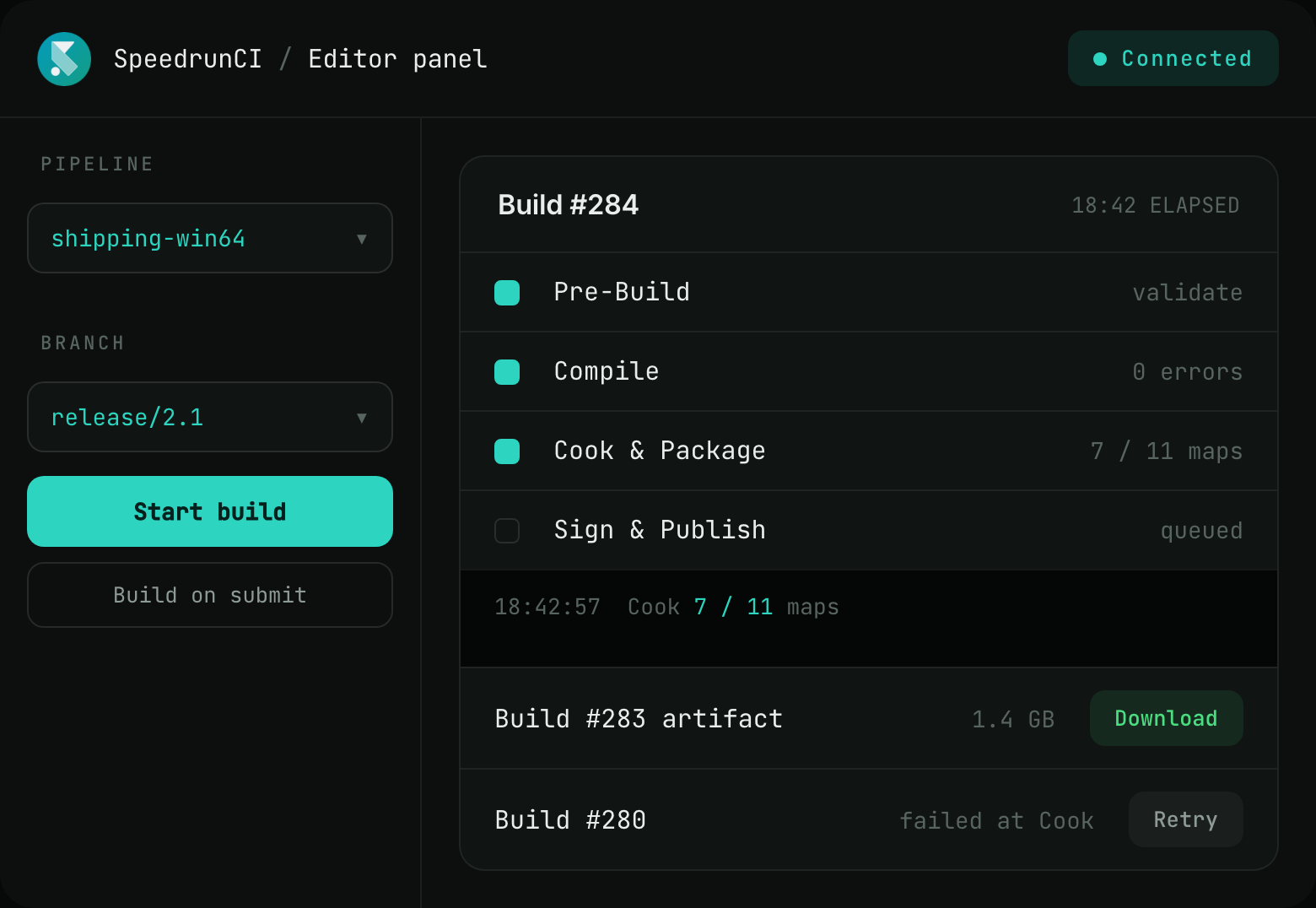 The SpeedrunCI editor panel: a pipeline and branch selected, Start build, and Build #284 running with its stages, log line and finished artifact