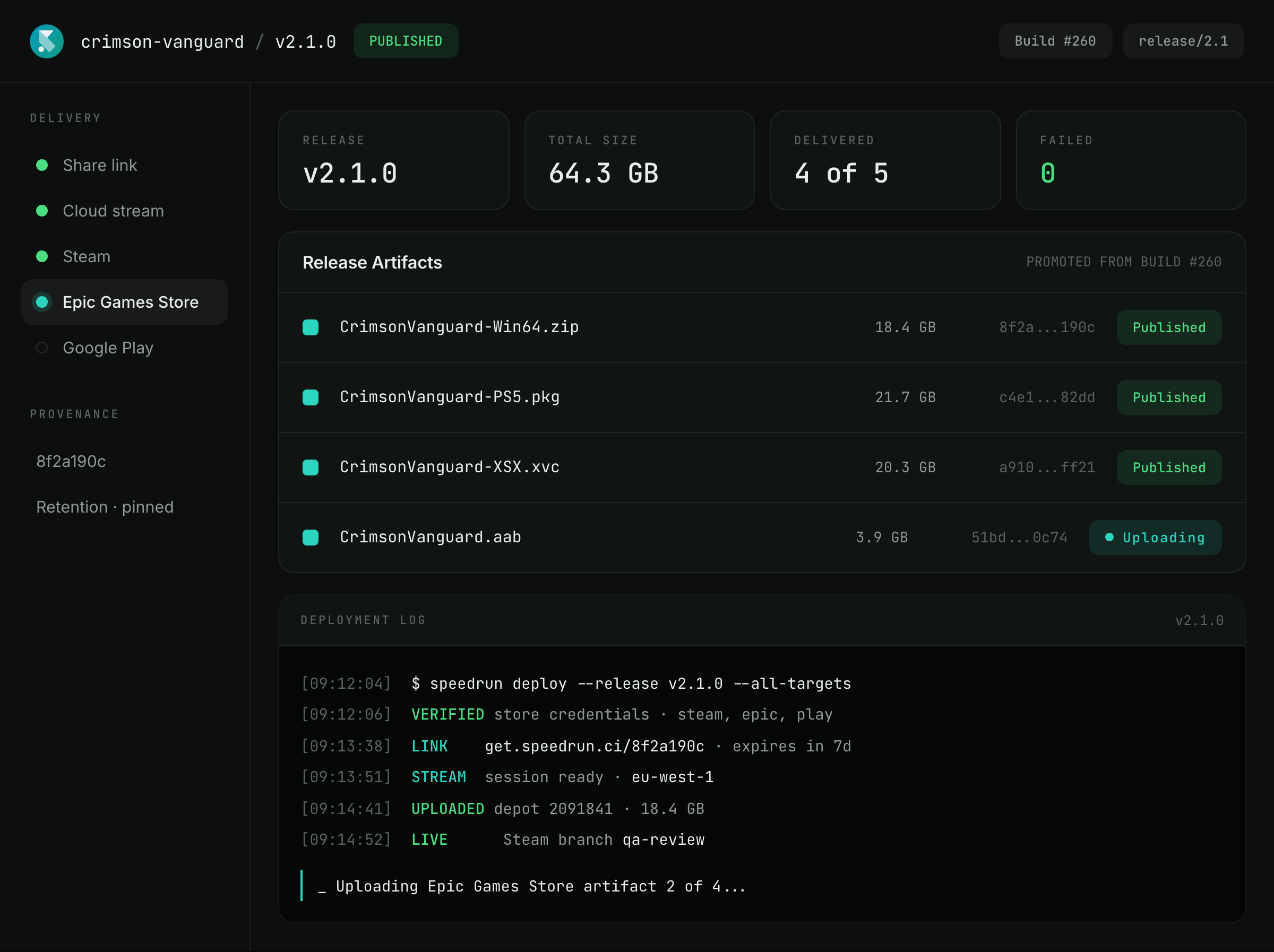 A published SpeedrunCI release with its artifacts and its delivery targets — share link, cloud stream, Steam, Epic Games Store and Google Play