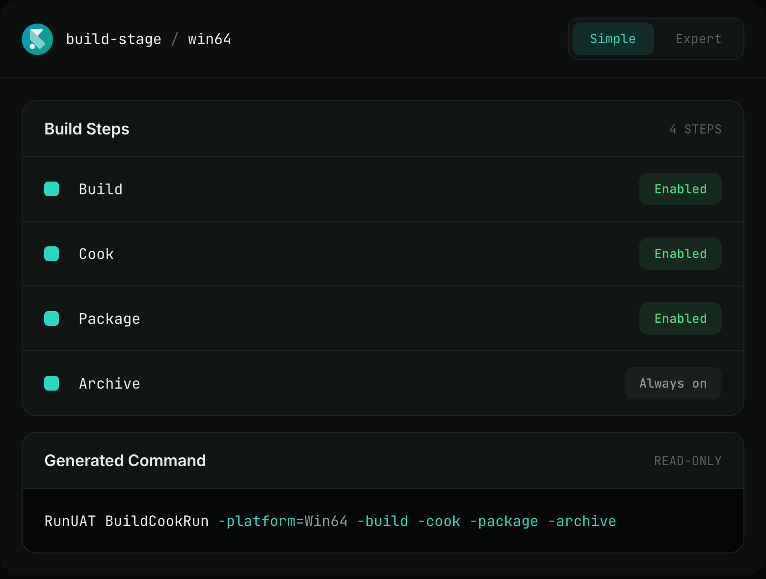 Build stage in Simple mode with Build, Cook, Package and Archive steps and their options