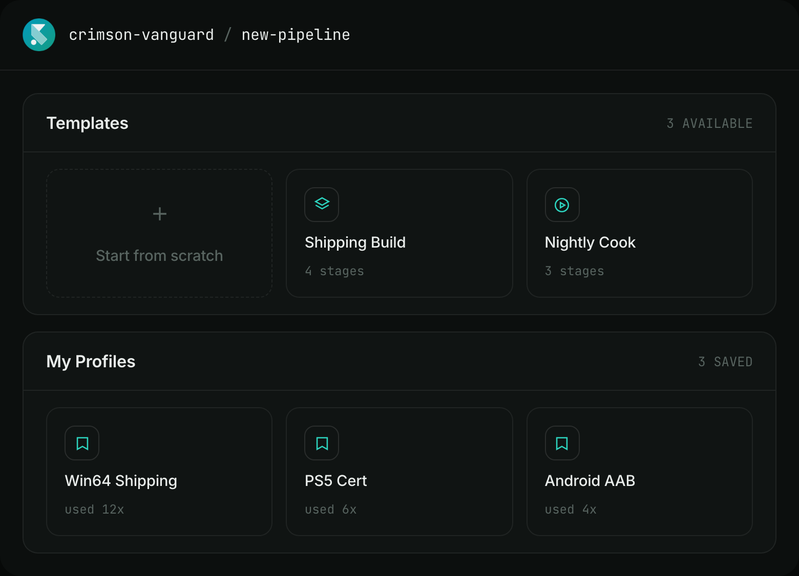 Pipeline creation showing reusable templates and saved profiles to start a new pipeline from
